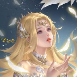 Rule 34 | 1girl, artist request, bare shoulders, blonde hair, blue eyes, bright pupils, detached collar, douluo dalu, dust, falling feathers, feathers, floating hair, hair ornament, hand up, highres, long hair, looking up, parted lips, qian renxue (douluo dalu), second-party source, solo, teeth, upper body, white pupils
