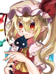 Rule 34 | 1girl, ascot, blonde hair, crystal, dress, flandre scarlet, frills, hat, hat ribbon, highres, laevatein (touhou), looking at viewer, mob cap, open mouth, pointy ears, puffy short sleeves, puffy sleeves, red dress, ribbon, short sleeves, side ponytail, smile, solo, touhou, wings, yuuki (yuk)