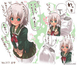 Rule 34 | 10s, 1boy, 1girl, admiral (kancolle), blonde hair, blush, comic, embarrassed, full-face blush, fur-trimmed sleeves, fur trim, gloves, green eyes, green jacket, green skirt, jacket, kantai collection, long sleeves, military, military uniform, multiple views, naval uniform, neck ribbon, numbered, open mouth, pantyhose, pee, peeing, peeing self, pleated skirt, red ribbon, ribbon, school uniform, shimushu (kancolle), short hair, skirt, surprised, suzuki toto, t-head admiral, translated, twitter username, uniform, white gloves, white pantyhose