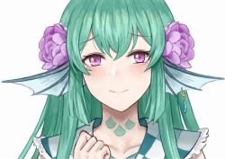 Rule 34 | 1girl, bad id, bad twitter id, blush, clenched hands, collarbone, commentary, english commentary, finana ryugu, fins, fish girl, flower, green hair, head fins, head tilt, highres, looking at viewer, monster girl, neck tattoo, nijisanji, nijisanji en, purple eyes, purple flower, selcky, smile, solo, tattoo, upper body, virtual youtuber