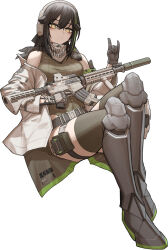 Rule 34 | 1girl, \n/, absurdres, assault rifle, bare shoulders, black thighhighs, brown hair, brown leotard, cheogtanbyeong, closed mouth, commentary request, cosplay, dandelion (girls&#039; frontline), girls&#039; frontline, gloves, green hair, grey gloves, grey jacket, gun, highres, holding, holding gun, holding weapon, invisible chair, jacket, korean commentary, leotard, long hair, long sleeves, looking at viewer, m4 carbine, m4a1 (girls&#039; frontline), m4a1 (girls&#039; frontline) (cosplay), multicolored hair, pouch, rifle, simple background, sitting, solo, streaked hair, suppressor, thigh pouch, thighhighs, two-tone hair, weapon, white background, yellow eyes