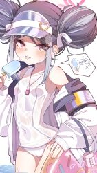Rule 34 | 1girl, absurdres, blue archive, blue hair, blush, breasts, covered navel, cowboy shot, double bun, fingernails, food, fubuki (blue archive), fubuki (swimsuit) (blue archive), grey hair, hair bun, halo, highres, holding, holding food, innertube, jacket, long sleeves, megaphone, multicolored hair, official alternate costume, one-piece swimsuit, open clothes, open jacket, open mouth, pink halo, popsicle, red eyes, school swimsuit, shigure (hggk2544), short hair, simple background, small breasts, solo, swim ring, swimsuit, tongue, tongue out, white background, white jacket, white one-piece swimsuit
