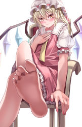 Rule 34 | 1girl, absurdres, ascot, blonde hair, blush, chair, closed mouth, collared shirt, crystal, eyebrows hidden by hair, feet, flandre scarlet, foot focus, foot out of frame, foreshortening, frilled shirt collar, frilled skirt, frilled sleeves, frills, hair between eyes, hat, hat ribbon, highres, looking at viewer, mahoro (minase mahoro), mob cap, nail polish, pink nails, puffy short sleeves, puffy sleeves, red skirt, red vest, ribbon, shirt, short sleeves, sitting, skirt, skirt set, smile, soles, solo, touhou, vest, white hat, white shirt, wings, yellow ascot