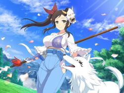 Rule 34 | 1girl, animal, animal ears, armor, belt pouch, black sclera, blue bow, blue hakama, blue sky, blurry, blush, bow, breasts, brown hair, cleaver, cloud, colored sclera, day, depth of field, emblem, falling petals, field, forest, frilled kimono, frills, gessen academy uniform, gloves, green eyes, groin, hair ribbon, hakama, hannya, holding, holding polearm, holding weapon, japanese armor, japanese clothes, kimono, kotarou (senran kagura), kote, large breasts, leaf, light particles, long hair, looking at viewer, mask, mask on head, mountain, mountainous horizon, muneate, murakumo (senran kagura), nature, official alternate costume, official art, oni mask, outdoors, petals, petting, polearm, pouch, red tassel, ribbon, school emblem, senran kagura, senran kagura new link, senran kagura shinovi versus, side ponytail, side slit, sidelocks, sky, smile, solo, sparkle, spear, sunlight, tail, tassel, tree, waist bow, weapon, white gloves, white wolf, wolf, wolf ears, wolf tail, yaegashi nan
