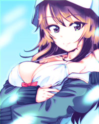 Rule 34 | 1girl, blue hat, blue jacket, blurry, bow, bow bra, bra, breasts, brown eyes, brown hair, chromatic aberration, cleavage, closed mouth, clothes pull, commentary request, crossed arms, girls und panzer, hat, jacket, jacket pull, keizoku military uniform, long hair, long sleeves, looking at viewer, medium breasts, mika (girls und panzer), military, military uniform, off shoulder, open clothes, open jacket, raglan sleeves, smile, solo, track jacket, tulip hat, underwear, uniform, white bra, yoyokkun