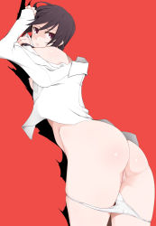 Rule 34 | ass, brown eyes, brown hair, miito shido, open clothes, open shirt, panties, red background, shirt, short hair, simple background, solo, underwear, white shirt
