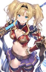 Rule 34 | 1girl, armor, belt, black hairband, blonde hair, blue eyes, breasts, brown belt, cleavage, clenched teeth, gauntlets, granblue fantasy, hairband, hand on own hip, highres, holding, holding staff, medium breasts, midriff, navel, nezumidoshi, purple skirt, short hair, showgirl skirt, simple background, skirt, smile, solo, staff, teeth, thighhighs, twintails, white background, zeta (granblue fantasy)
