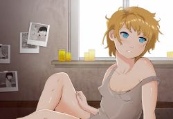 Rule 34 | 1girl, blue eyes, breasts, character request, copyright request, covered erect nipples, highres, ichigo milku, medicine bottle, messy hair, perky breasts, photo (object), pill, polaroid, short hair, small breasts, solo, strap slip, window