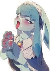 Rule 34 | 1girl, absurdres, animal hands, bell, blue hair, blue sclera, blush, breasts, capelet, colored sclera, commentary, creatures (company), cum, cum on hands, cumdrip, facial, frilled capelet, frills, furry, furry female, game freak, gen 4 pokemon, glaceon, half-closed eyes, highres, jingle bell, maid headdress, medium breasts, nintendo, open mouth, pawpads, pokemon, pokemon (creature), sen light, simple background, solo, symbol-only commentary, tongue, tongue out, white background, white eyes