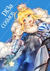 Rule 34 | 1girl, ahoge, armor, armored dress, artoria pendragon (all), artoria pendragon (fate), black corset, blonde hair, blue background, blue dress, braid, braided bun, breastplate, cape, corset, crown, dot nose, dress, english text, fate/grand order, fate/stay night, fate (series), faulds, fur cape, gauntlets, green eyes, hair between eyes, hair bun, itou misei, long sleeves, looking ahead, mini crown, open mouth, outstretched arm, reaching, saber (fate), simple background, smile, solo, star (symbol), teeth, upper body, upper teeth only