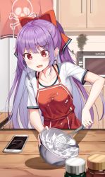 Rule 34 | 1girl, absurdres, ahoge, apple ringo, apron, blush, bow, brand name imitation, cellphone, collarbone, commentary, cream, hair bow, hair ornament, highres, holding, indoors, kitchen, long hair, microwave, open mouth, original, phone, purple hair, red apron, red bow, shirt, smile, solo, white shirt, x hair ornament