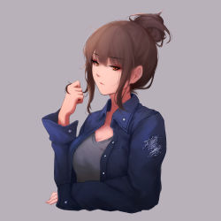 Rule 34 | 1girl, blue jacket, breasts, brown eyes, brown hair, collarbone, cropped torso, hair bun, highres, jacket, large breasts, long sleeves, looking at viewer, open clothes, open jacket, original, shimmer, shirt, simple background, single hair bun, solo, torn clothes, torn jacket, upper body