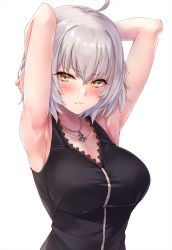 Rule 34 | 1girl, ahoge, armpits, arms behind head, arms up, black dress, blush, breasts, closed mouth, collarbone, commentary request, crossed bangs, dress, fate/grand order, fate (series), full-length zipper, hair between eyes, highres, jeanne d&#039;arc (fate), jeanne d&#039;arc alter (fate), jeanne d&#039;arc alter (ver. shinjuku 1999) (fate), jewelry, large breasts, looking at viewer, marisasu (marisa0904), necklace, official alternate costume, short dress, short hair, silver hair, wicked dragon witch ver. shinjuku 1999, yellow eyes, zipper