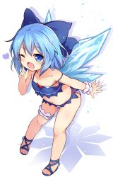 Rule 34 | 1girl, ;d, baku-p, bare arms, bare shoulders, bikini, blue bikini, blue bow, blue eyes, blue footwear, blue hair, blush, bow, cirno, collarbone, commentary request, drop shadow, full body, hair between eyes, hair bow, heart, highres, ice, ice wings, leaning forward, long hair, navel, one eye closed, open mouth, sandals, single wrist cuff, smile, solo, standing, strap slip, swimsuit, touhou, white background, wings, wrist cuffs