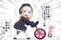 Rule 34 | 1girl, abigail williams (fate), black bow, black dress, black footwear, black hat, blonde hair, bloomers, blue eyes, bow, bug, butterfly, commentary request, crossed bandaids, dress, emphasis lines, fate/grand order, fate (series), hair bow, hat, highres, insect, long hair, long sleeves, looking at viewer, looking to the side, meme, neon-tetora, open mouth, orange bow, parted bangs, polka dot, polka dot bow, shadow, shoes, sleeves past fingers, sleeves past wrists, solo, standing, stuffed animal, stuffed toy, sweat, teddy bear, teeth, translation request, underwear, unicycle, upper teeth only, v-shaped eyebrows, very long hair, white background, white bloomers