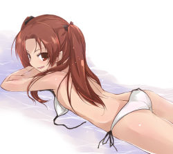 Rule 34 | 10s, 1girl, :d, ass, bare arms, bare back, bare shoulders, bikini, black ribbon, brown hair, crossed arms, from above, from behind, from side, girls und panzer, kadotani anzu, looking at viewer, looking to the side, looking up, lying, on stomach, open mouth, red eyes, ribbon, side-tie bikini bottom, smile, solo, string bikini, swimsuit, untied bikini, white bikini, yumesato makura