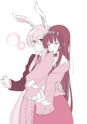 Rule 34 | 2girls, animal ears, blazer, blush, rabbit ears, check commentary, commentary request, closed eyes, female focus, flat color, glance, hand on another&#039;s hip, hand on own hip, hand to own mouth, highres, hime cut, houraisan kaguya, jacket, japanese clothes, limited palette, long hair, looking at another, mana (gooney), multiple girls, necktie, reisen udongein inaba, sweatdrop, touhou, very long hair, white background, wide sleeves, yuri