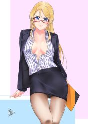 Rule 34 | 10s, 1girl, akira miku ver, ayase eli, bespectacled, black jacket, black skirt, blazer, blonde hair, blue eyes, blush, breasts, brown pantyhose, cameltoe, closed mouth, collared shirt, dress shirt, formal, glasses, hair between eyes, hair down, highres, holding, jacket, large breasts, leaning back, long hair, looking at viewer, looking over eyewear, love live!, love live! school idol project, miniskirt, no bra, open clothes, open jacket, open shirt, pantyhose, pencil skirt, shirt, signature, sitting, skirt, skirt suit, smile, solo, straight hair, striped clothes, striped shirt, suit, swept bangs, thigh gap, unbuttoned, unbuttoned shirt, vertical-striped clothes, vertical-striped shirt, white shirt, wing collar