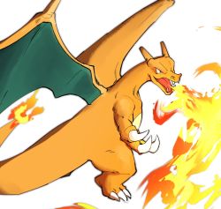 Rule 34 | blurry, breath weapon, breathing fire, charizard, claws, creatures (company), fangs, fire, flame-tipped tail, game freak, gen 1 pokemon, looking to the side, morio (poke orio), nintendo, no humans, open mouth, pokemon, pokemon (creature), simple background, solo, tongue, white background