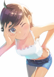 Rule 34 | 1girl, ;), absurdres, ahoge, backlighting, bare arms, bare shoulders, blush, breasts, brown eyes, brown hair, camisole, cowboy shot, denim, denim skirt, frilled camisole, frills, hand on own hip, hand up, highres, kimi tarou, leaning forward, looking at viewer, medium breasts, midriff, miniskirt, one eye closed, original, short hair, simple background, skirt, sleeveless, smile, solo, standing, striped camisole, swept bangs, tomboy, white camisole