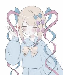 Rule 34 | 1girl, blonde hair, blowing kiss, blue bow, blue hair, blue shirt, blue skirt, blush, bow, chouzetsusaikawa tenshi-chan, closed eyes, closed mouth, commentary request, facing viewer, hachiiya, hair bow, hair ornament, hand up, heart, heart hair ornament, highres, long hair, long sleeves, multicolored hair, needy girl overdose, pink bow, pink hair, pleated skirt, purple bow, quad tails, sailor collar, school uniform, serafuku, shirt, simple background, skirt, solo, twintails, very long hair, white background, yellow bow