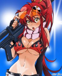 Rule 34 | 1girl, bikini, bikini top only, breasts, cleavage, fingerless gloves, gloves, large breasts, looking at viewer, midriff, navel, open mouth, ponytail, red hair, scarf, shorts, solo, sunglasses on head, tengen toppa gurren lagann, underboob, weapon, yellow eyes, yoko littner
