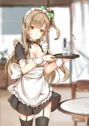 Rule 34 | 10s, 1girl, apron, bad id, bad pixiv id, black bow, black dress, black thighhighs, blurry, bow, breasts, brown eyes, brown hair, cleavage, cowboy shot, cup, depth of field, dress, drink, drinking glass, drinking straw, garter straps, green bow, hair bow, ice, ice cube, indoors, long hair, looking at viewer, love live!, love live! school idol project, maid, maid apron, maid headdress, medium breasts, minami kotori, neck ribbon, orange eyes, ribbon, short dress, short sleeves, side ponytail, smile, solo, table, thighhighs, tray, wrist cuffs, z shichao, zettai ryouiki