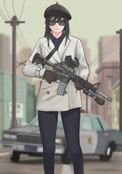 Rule 34 | 1girl, assault rifle, black gloves, black hair, black hat, black pants, blurry, blurry background, brown gloves, building, car, chevrolet caprice, cityscape, colt commando, commentary, english commentary, girls&#039; frontline, gloves, green hair, gun, hat, highres, holding, holding gun, holding weapon, jacket, long hair, long sleeves, m4a1 (girls&#039; frontline), motor vehicle, multicolored hair, outdoors, pants, parabellum, police car, revision, rifle, scope, solo, standing, streaked hair, sunglasses, utility pole, weapon, white jacket