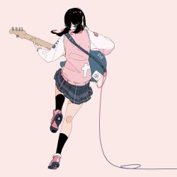 Rule 34 | 1girl, black hair, black socks, blue skirt, commentary request, daisukerichard, electric guitar, flat color, from behind, full body, guitar, highres, holding, holding instrument, instrument, long hair, music, original, pink background, pink vest, plaid, plaid skirt, playing instrument, red footwear, shirt, shoes, simple background, skirt, sneakers, socks, solo, standing, standing on one leg, twintails, vest, white shirt