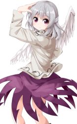 Rule 34 | 1girl, angel wings, braid, clothes lift, cowboy shot, dress, dress lift, french braid, from behind, grey wings, hand on own head, highres, jacket, kishin sagume, kneepits, long sleeves, looking at viewer, looking back, purple dress, purple eyes, ruu (tksymkw), short dress, short hair, silver hair, simple background, single wing, skirt, solo, touhou, white background, wings