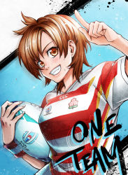 Rule 34 | 1girl, ball, blue background, blush, brown eyes, brown hair, english text, holding, holding ball, index finger raised, jersey, looking at viewer, nishinomiya sakuko, original, rugby, rugby ball, rugby world cup, shirt, short hair, short sleeves, smile, solo, standing, striped clothes, striped shirt, sweatdrop, upper body