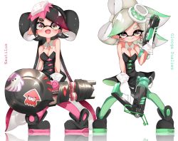Rule 34 | + +, 2girls, absurdres, ankle boots, black footwear, black hair, black jumpsuit, boots, breasts, brown eyes, callie (splatoon), cleavage, collar, commentary, cousins, detached collar, dress, dual wielding, earrings, emblem, english text, fangs, food, food on head, glooga dualies (splatoon), gloves, gradient hair, green hair, green legwear, grey hair, grin, highres, holding, holding weapon, inkling, jewelry, jumpsuit, long hair, marie (splatoon), medium breasts, medium hair, mole, mole under eye, multicolored hair, multiple girls, nautilus (splatoon), nintendo, object on head, open mouth, pantyhose, pointy ears, purple hair, purple legwear, short dress, short jumpsuit, smile, smirk, splatoon (series), splatoon 1, splatoon 2, squid, sticker, strapless, strapless dress, sukeo (nunswa08), sushi, tentacle hair, very long hair, weapon, white collar, white gloves, wing collar