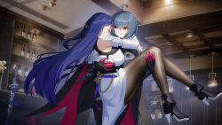 Rule 34 | 2girls, absurdres, alcohol, bar (place), black bodysuit, black cape, black footwear, black hair, blush, bodysuit, boots, breasts, cape, carrying, ceiling light, chinese commentary, closed mouth, commentary request, dress, drunk, full body, highres, honkai (series), honkai impact 3rd, indoors, large breasts, leggings, long hair, looking at another, medium hair, mole, mole under mouth, multiple girls, pantyhose, princess carry, purple eyes, purple hair, raiden mei, raiden mei (apho), raven (honkai impact), revision, single sleeve, white dress, wide sleeves, wine, wu ganlan cai