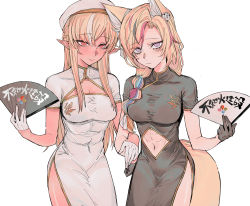 Rule 34 | 2girls, abs, alternate costume, animal ears, black dress, black gloves, blonde hair, blush, china dress, chinese clothes, cleavage cutout, clothing cutout, covered navel, cowboy shot, dress, flower, fox ears, fox tail, gloves, hair flower, hair ornament, half gloves, hand fan, highres, hololive, kakult2017, long hair, looking at viewer, multicolored hair, multiple girls, navel, navel cutout, omaru polka, parted bangs, pointy ears, purple eyes, red eyes, shiranui flare, side ponytail, smile, streaked hair, tail, virtual youtuber, white background, white dress, white gloves