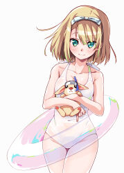 Rule 34 | 1girl, 22/7, absurdres, blonde hair, closed mouth, collarbone, cowboy shot, green eyes, hair ribbon, hairband, highres, innertube, kisairo kaede, looking at viewer, one-piece swimsuit, ribbon, saito nicole, short hair, smile, solo, standing, swim ring, swimsuit, white background, white hairband, whtie ribbon