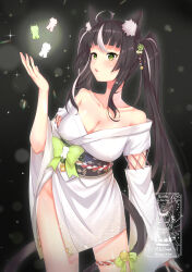 Rule 34 | 1girl, absurdres, animal ear fluff, animal ears, armor, bare shoulders, black background, blunt bangs, breasts, brown hair, cat ears, cat girl, cat tail, cleavage, contrapposto, cowboy shot, green eyes, highres, indie virtual youtuber, japanese armor, japanese clothes, kimono, large breasts, long hair, long sleeves, multicolored hair, obi, open mouth, paper doll, sash, simple background, simusong, solo, streaked hair, tail, thigh strap, twintails, very long hair, white hair, wide sleeves