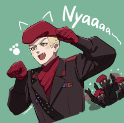Rule 34 | 1boy, :d, bandolier, beret, blonde hair, blue background, blush, dated, fang, furrowed brow, gloves, green eyes, hat, heart, long sleeves, male focus, metal gear (series), metal gear solid 3: snake eater, noriuma, ocelot unit, open mouth, paw pose, paw print, red gloves, red headwear, revolver ocelot, short hair, simple background, smile, solo focus, thumbs up