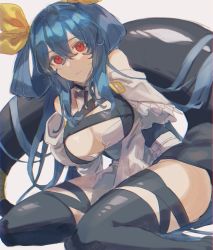 Rule 34 | 1girl, bare shoulders, belt, black thighhighs, blue hair, breasts, cleavage, detached collar, detached sleeves, dizzy (guilty gear), guilty gear, guilty gear xrd, hair between eyes, hair rings, highres, large breasts, long hair, looking at viewer, mature female, monster girl, oeillet vie, red eyes, ribbon, shaded face, sidelocks, sitting, solo, tail, tail ornament, tail ribbon, thick thighs, thigh strap, thighhighs, thighs, twintails, wariza, yellow ribbon