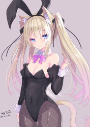 Rule 34 | 1girl, absurdres, animal ear fluff, animal ears, bare shoulders, black bow, black hairband, black leotard, black sleeves, blonde hair, blue eyes, bow, breasts, brown pantyhose, cat ears, cat girl, cat tail, cleavage, collar, collarbone, commentary request, detached collar, detached sleeves, fake animal ears, fishnet pantyhose, fishnets, grey background, hair between eyes, hair bow, hairband, hand up, highres, hizaka, juliet sleeves, leotard, long hair, long sleeves, medium breasts, original, pantyhose, pink bow, playboy bunny, puffy sleeves, rabbit ears, simple background, solo, strapless, strapless leotard, tail, twintails, very long hair, white collar, wing collar