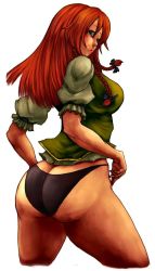 Rule 34 | 1girl, ass, black panties, braid, breasts, butt crack, cowboy shot, cropped legs, female focus, green eyes, hair ribbon, highres, hong meiling, huge ass, large breasts, long hair, no pants, panties, red hair, ribbon, short sleeves, simple background, solo, terrajin, thick thighs, thighs, touhou, twin braids, underwear, white background