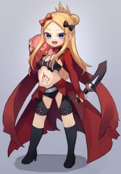 Rule 34 | 1girl, abigail williams (fate), armor, black footwear, black panties, blonde hair, blue eyes, blush, boots, breastplate, breasts, bridal gauntlets, cape, chloe von einzbern, chloe von einzbern (cosplay), cosplay, fate/grand order, fate/kaleid liner prisma illya, fate (series), forehead, full body, hair bun, half updo, highres, holding, holding sword, holding weapon, knee boots, long hair, long sleeves, looking at viewer, miya (miyaruta), open mouth, panties, parted bangs, red cape, shrug (clothing), single hair bun, small breasts, smile, stomach tattoo, stuffed animal, stuffed toy, sword, tattoo, teddy bear, underwear, waist cape, weapon