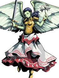 1girl 4me3ba_niku angel_wings armor black_hair boots colored_skin commentary_request cross cross_earrings earrings flower gabriel_(megami_tensei) gold_armor green_skin highres holding holding_flower holding_sword holding_weapon jewelry layered_skirt long_hair red_nails red_skirt shin_megami_tensei simple_background skirt solo sword weapon white_background white_flower white_skirt wings yellow_eyes