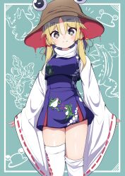 Rule 34 | 1girl, absurdres, animal print, arms at sides, asymmetrical legwear, blonde hair, blue background, blush, breasts, bright pupils, brown eyes, brown hat, commentary request, cowboy shot, darumoon, frog print, hair ribbon, hat, high-waist skirt, highres, horizontal pupils, light blush, long sleeves, looking at viewer, medium hair, moriya suwako, notice lines, parted bangs, purple skirt, purple vest, red hat, red ribbon, ribbon, ribbon-trimmed sleeves, ribbon trim, shirt, skirt, skirt set, sleeves past wrists, small breasts, smile, solo, split mouth, thighhighs, touhou, turtleneck, two-sided fabric, uneven legwear, vest, white pupils, white shirt, wide sleeves