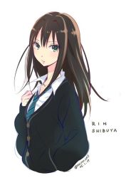 Rule 34 | 10s, 1girl, brown hair, cardigan, character name, cropped torso, dated, from side, green eyes, hand in pocket, idolmaster, idolmaster cinderella girls, long hair, looking at viewer, necktie, nishimura eri, shibuya rin, simple background, solo, upper body, vest, white background