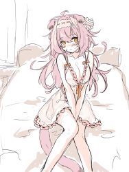 Rule 34 | 1girl, alternate hairstyle, an fyhx, animal ears, arknights, bare legs, bare shoulders, bed sheet, between legs, blush, breasts, cat ears, cat girl, cat tail, cleavage, closed mouth, collarbone, feet out of frame, goldenglow (arknights), hair down, hairband, hand between legs, highres, indoors, large breasts, lingerie, lolita hairband, long hair, looking at viewer, negligee, on bed, orange eyes, pink hair, sitting, solo, tail, underwear, underwear only, v arms