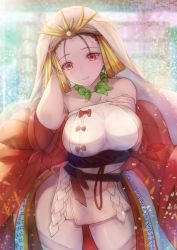 Rule 34 | 1girl, absurdres, belt, black hair, breasts, collarbone, dress, fate/grand order, fate (series), headpiece, highres, himiko (fate), himiko (second ascension) (fate), japanese clothes, jewelry, kerchief, large breasts, long hair, looking at viewer, necklace, penguintake, red dress, red eyes, smile, solo