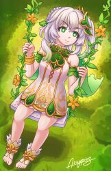 Rule 34 | 1girl, azzypics, backlighting, bare shoulders, bloom, bracelet, braid, cape, child, colored tips, cross-shaped pupils, crown braid, day, detached sleeves, dress, feet, flower, gem, genshin impact, gold trim, grass, green cape, green eyes, green gemstone, hair ornament, highres, jewelry, leaf hair ornament, long hair, multicolored hair, nahida (genshin impact), nature, no shoes, outdoors, side ponytail, sleeveless, sleeveless dress, smile, socks, solo, swing, symbol-shaped pupils, two-tone hair, white dress, white hair, white socks
