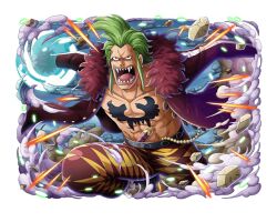 Rule 34 | 1boy, abs, bartolomeo, chest tattoo, fangs, green hair, jacket, medium hair, official art, one piece, one piece treasure cruise, open clothes, open jacket, open mouth, sharp teeth, spiked hair, tattoo, teeth