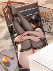 Rule 34 | 1girl, black hair, black thighhighs, commentary, cup, dagger, drinking glass, english commentary, gold hairband, hairband, highres, hugging own legs, knife, legs up, liang xing, long hair, looking at viewer, red eyes, solo, spy x family, stiletto (weapon), thighhighs, weapon, wet, yor briar
