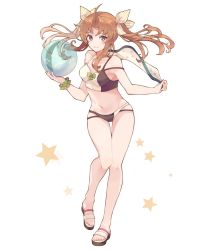 Rule 34 | 1girl, ball, bare legs, beachball, bikini, breasts, brown hair, closed mouth, collarbone, full body, green scrunchie, hair between eyes, hair ribbon, highres, holding, holding ball, holding beachball, kagerou (kancolle), kagerou kai ni (kancolle), kantai collection, long hair, multicolored bikini, multicolored clothes, navel, purple eyes, ribbon, sandals, scrunchie, shakemi (sake mgmgmg), small breasts, smile, solo, swimsuit, toes, twintails, white ribbon, wrist scrunchie